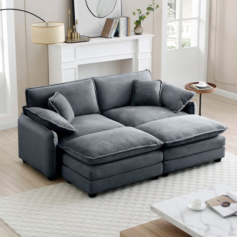 81" 2-Seater Sectional Sofa with 2 Ottoman Corduroy Upholstered Couch for Living Room, Apartment, Leisure Loveseat with Pillows - Grey