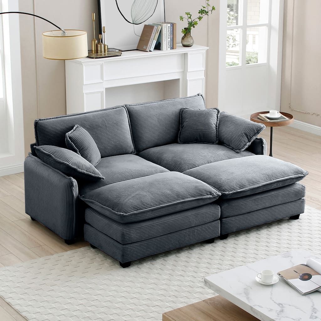 81" 2-Seater Sectional Sofa with 2 Ottoman Corduroy Upholstered Couch for Living Room, Apartment, Leisure Loveseat with Pillows
