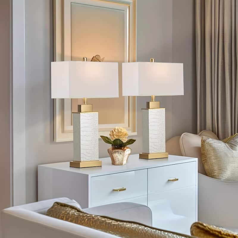 Touch Control Table Lamps Set Of 2, Modern White Faux Leather Snakeskin Bedside Lamp With USB C+A Ports