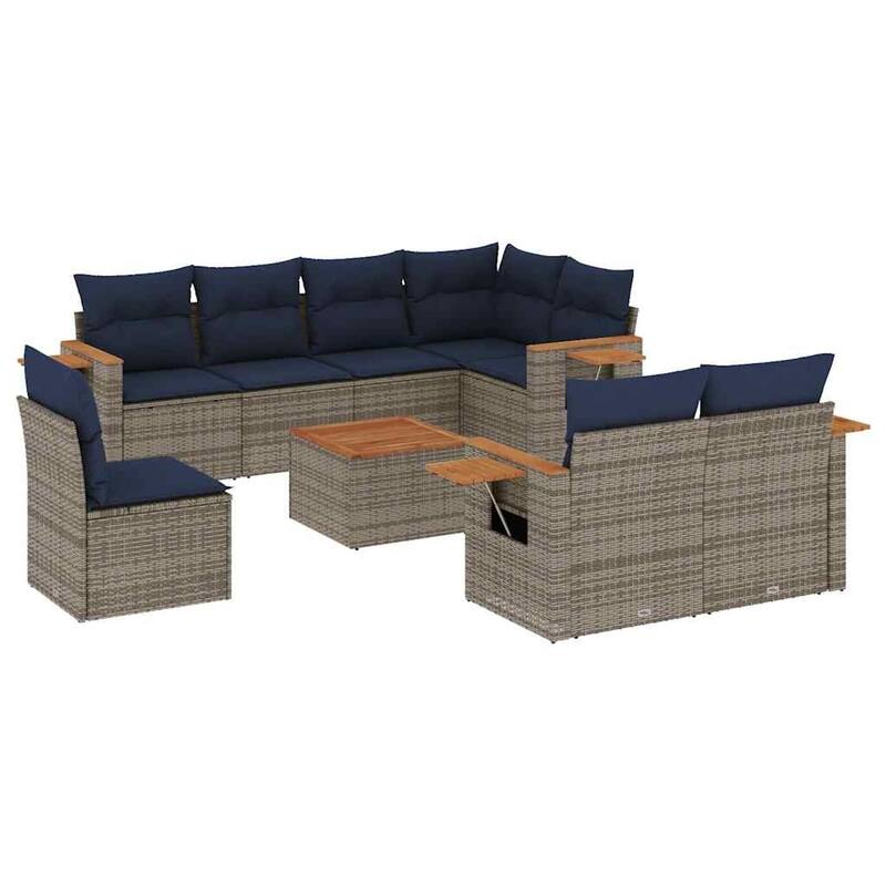 vidaXL 9 Piece Patio Sofa Set with Cushions Grey Poly Rattan (US only) - 101.2x33.5x66.9