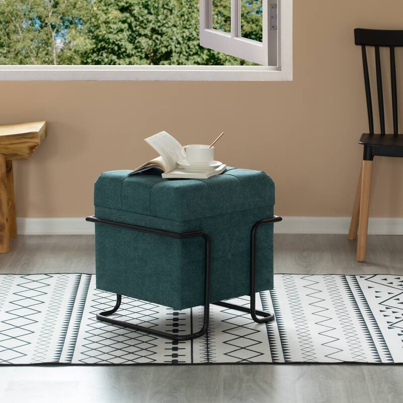 Square Fabric Storage Ottoman with Black Metal Frame