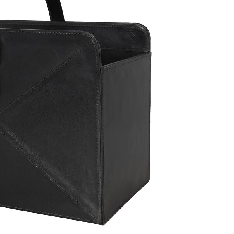 Brown or Black Leather Handmade Box Style Single Slot Decorative Magazine Holder with Detail Stitching and Curved Buckle Handles