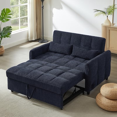 52.8" Blue Chenille Loveseat Sofa Bed with Adjustable Backrest and USB Ports
