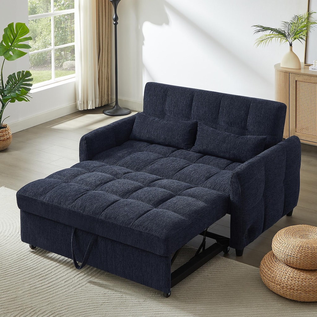 52.8" Blue Chenille Loveseat Sofa Bed with Adjustable Backrest and USB Ports
