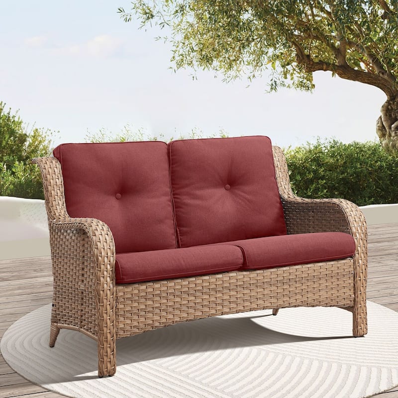 Outdoor Patio Wicker Loveseat Sofa - 2-Seater Rattan Sofa - Yellow - Red