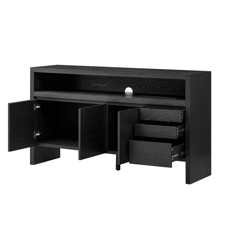 60" 3-Door Sideboard with 3 Drawers-Ash Veneer MDF Sideboard,Semi-Open Shelf，Center Semi-Circular Cutout,Storage Cabinet