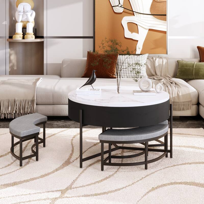31.50" Elegant Round Lift-Top Coffee Table Set with Hidden Storage & 3 Nesting Ottomans, Modern Living Room Center Table