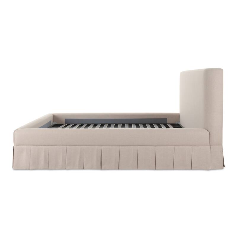 NADAAL STUDIOS Lenora Beige Upholstered Queen Bed with Pleated Skirt Base and Padded Headboard