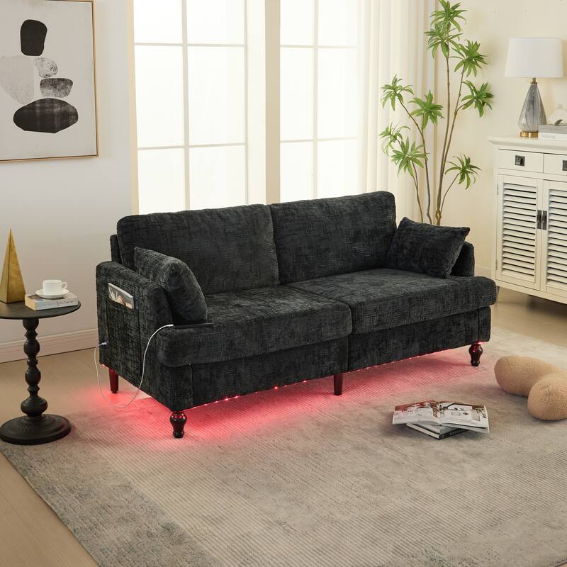 Modern Style Chenille 2-Seater Wood-Legged Sofa With Led Light,USB Charging Port And Storage Bag Living Room Bedroom Study Room