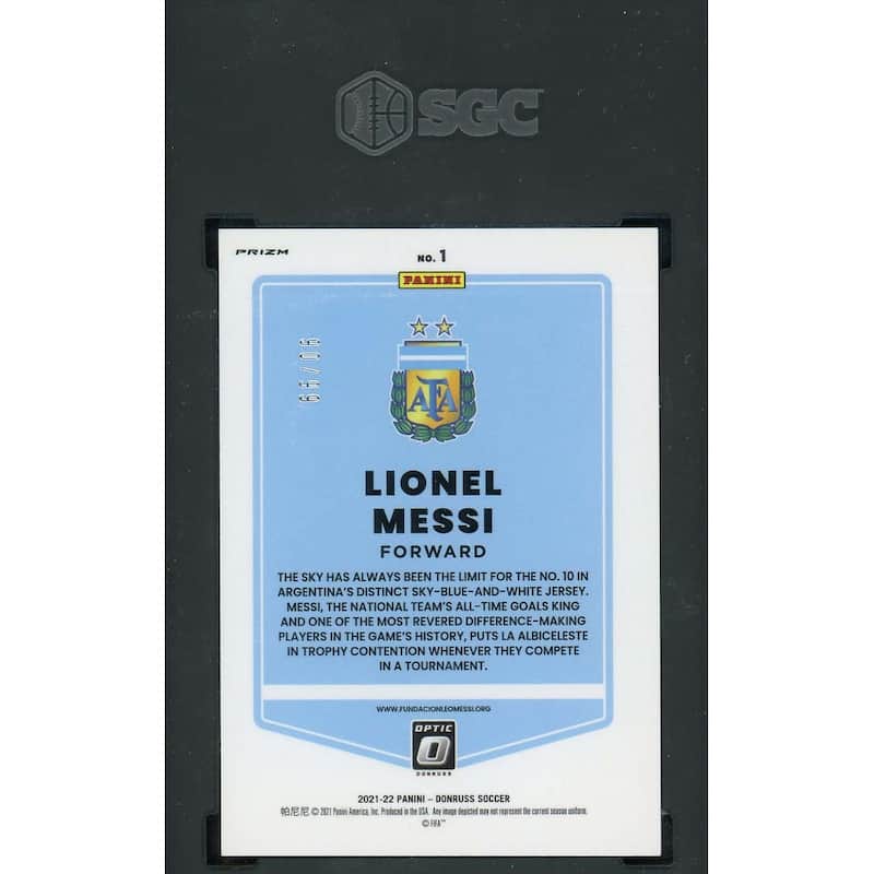 Lionel Messi 2021-22 Donruss Optic Road to Qatar Blue Prizm Card #1 SGC 7 90/99 - 8'6" x 11'6"