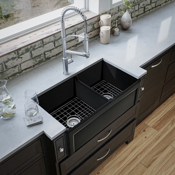 slide 2 of 21, Karran 33" Double Bowl Panel Front Farmhouse Fireclay Kitchen Sink with Reversible Apron Front