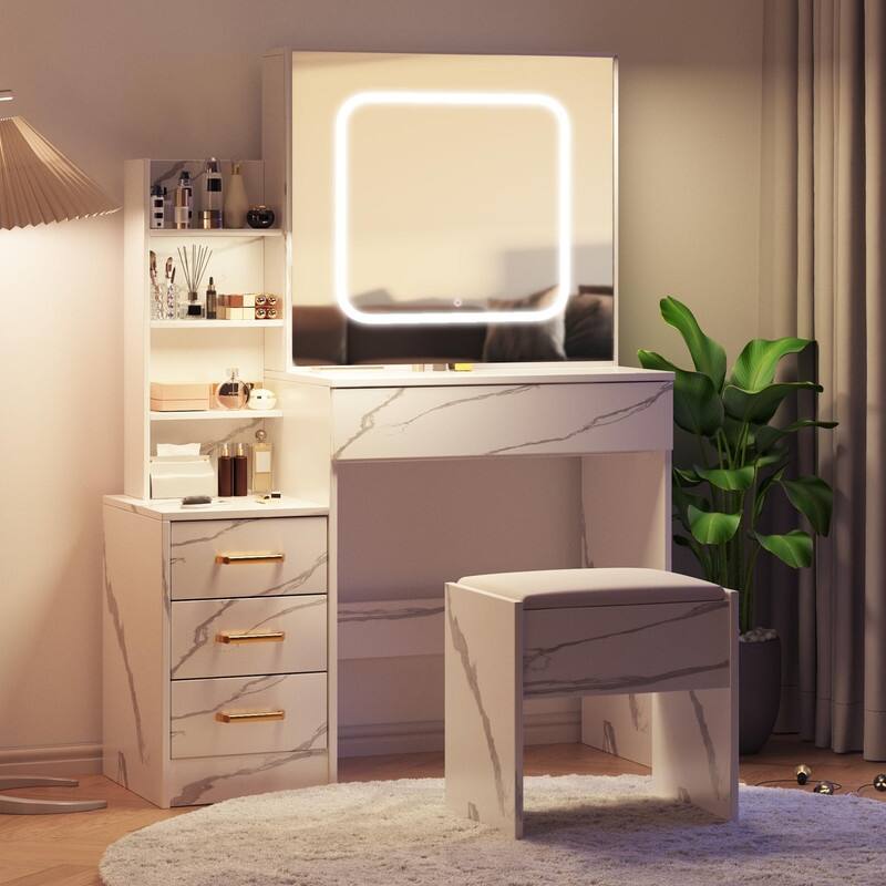 Vanity Desk with Sliding Mirror, Charging Station, 4 Drawers, Shelves, Stool
