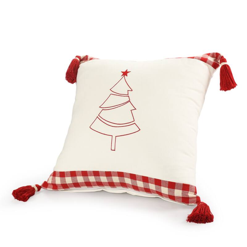 Sevita Buffalo Plaid Bordered Christmas Tree Cotton Throw Pillow