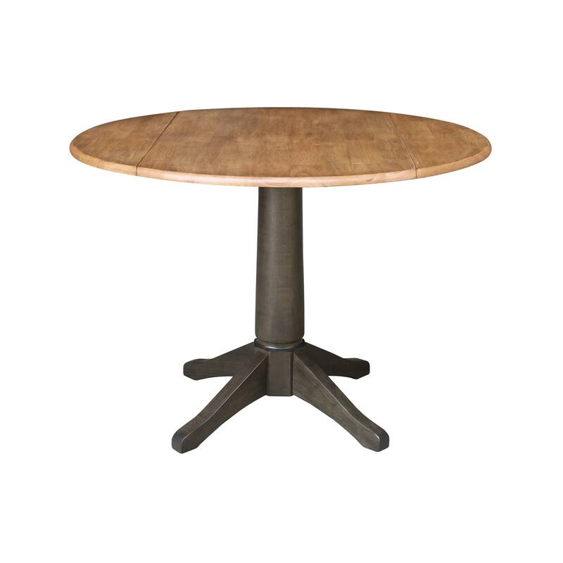 42 in. Round Top Dual Drop Leaf Pedestal Dining Table - Dining Height - Hickory/Washed Coal