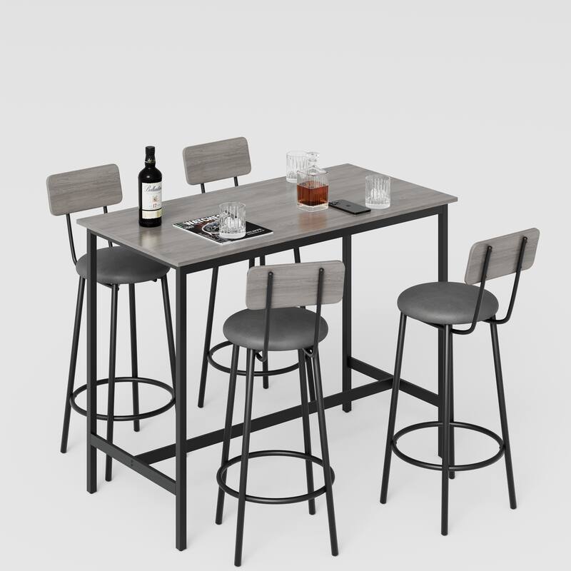 Rustic Bar Table Set with 4 Leather Bar Stools, Grey Dining Table Coffee Table Side Table with Iron Legs
