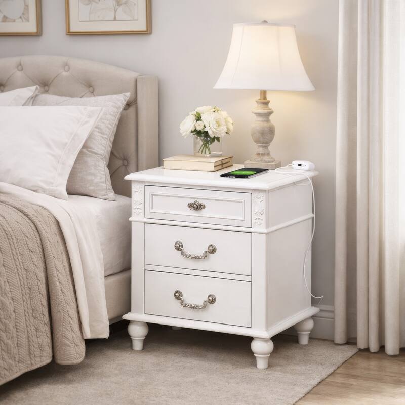 Nightstand with 3 Drawers and Built In USB Port, White