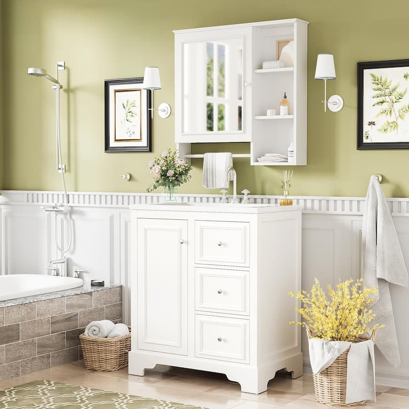 30-inch bathroom vanity with sink, bathroom storage cabinet with 3 drawers , freestanding vanity set with mirror cabinet