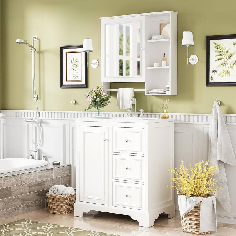 GDFStudio - Aster Wood & Ceramic 30" Bathroom Vanity Cabinet with Basin, 3 Drawers & Adjustable Shelves - 2 packages + Mirror - White
