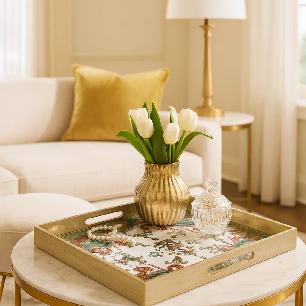 Miki 20 Inch Square Decorative Tray, Artisan Mirrored Damask Pattern, Gold