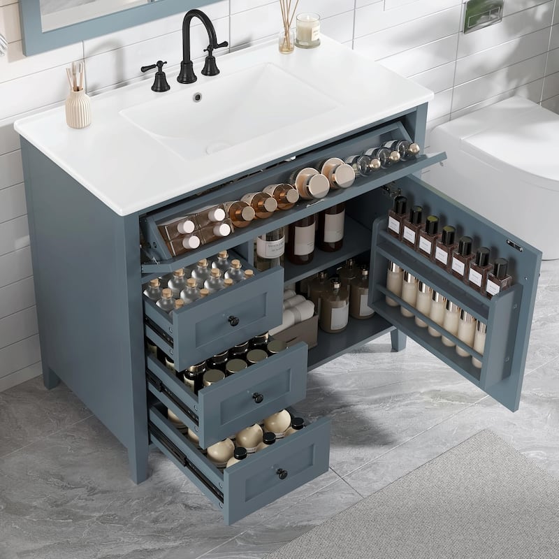 Bathroom Vanity with Sink, Modern MDF and Rubberwood Cabinet with 3 Drawers and Adjustable Shelf - Blue Gray - 36-Inch