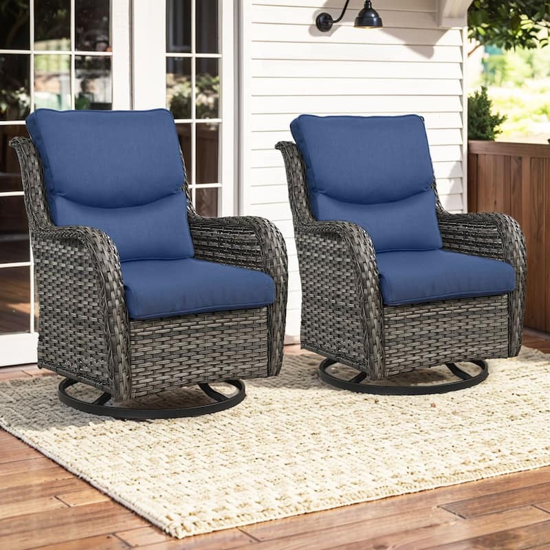 779657388297 Outdoor Swivel Glider Chairs with 4Inch 5Inch 6Inch Cushion - Grey Wicker Blue Cushion - 2 Pieces Swivel Chair with 5 Inch Cushion