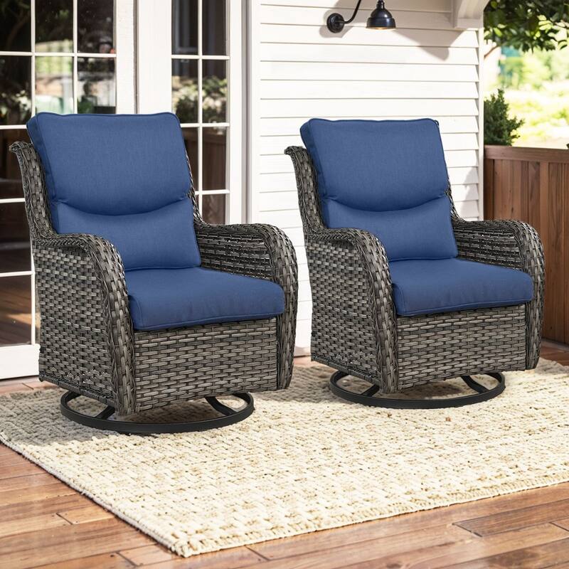 Pocassy Outdoor Swivel Chairs Patio Furniture Set - Grey Rattan - Blue Cushion - 2PCS Swivel Chairs