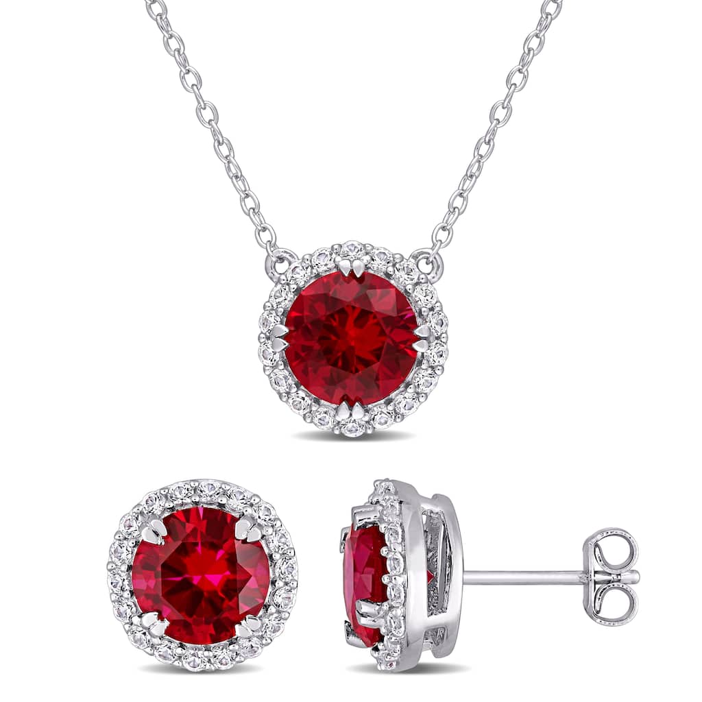 Miadora Sterling Silver Created Ruby & Created White Sapphire Necklace & Earrings Jewelry Set