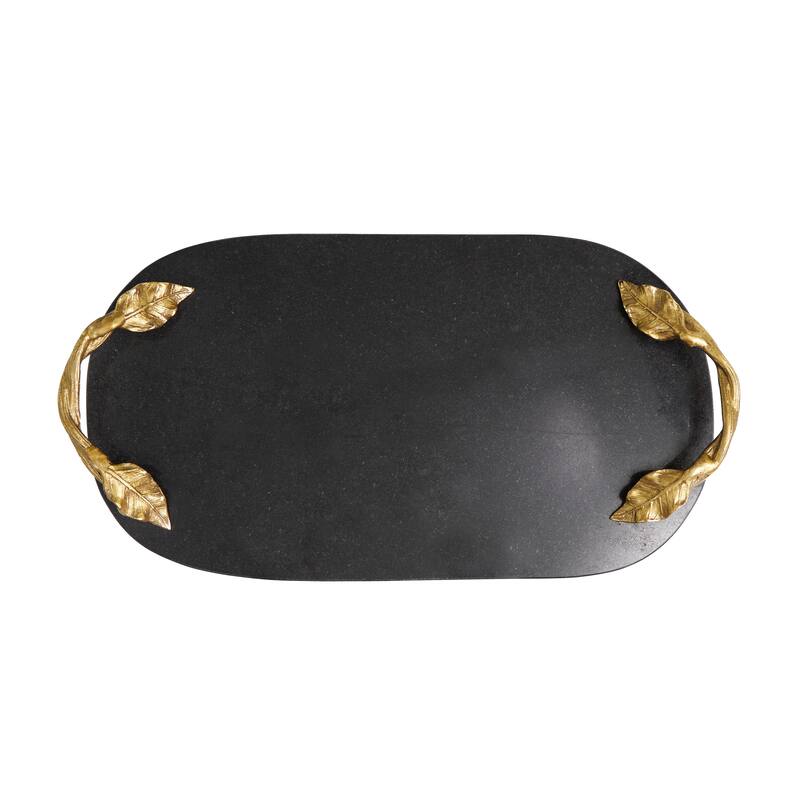 Black Marble Oval or Rectangle Tray with Gold Leaf Handles