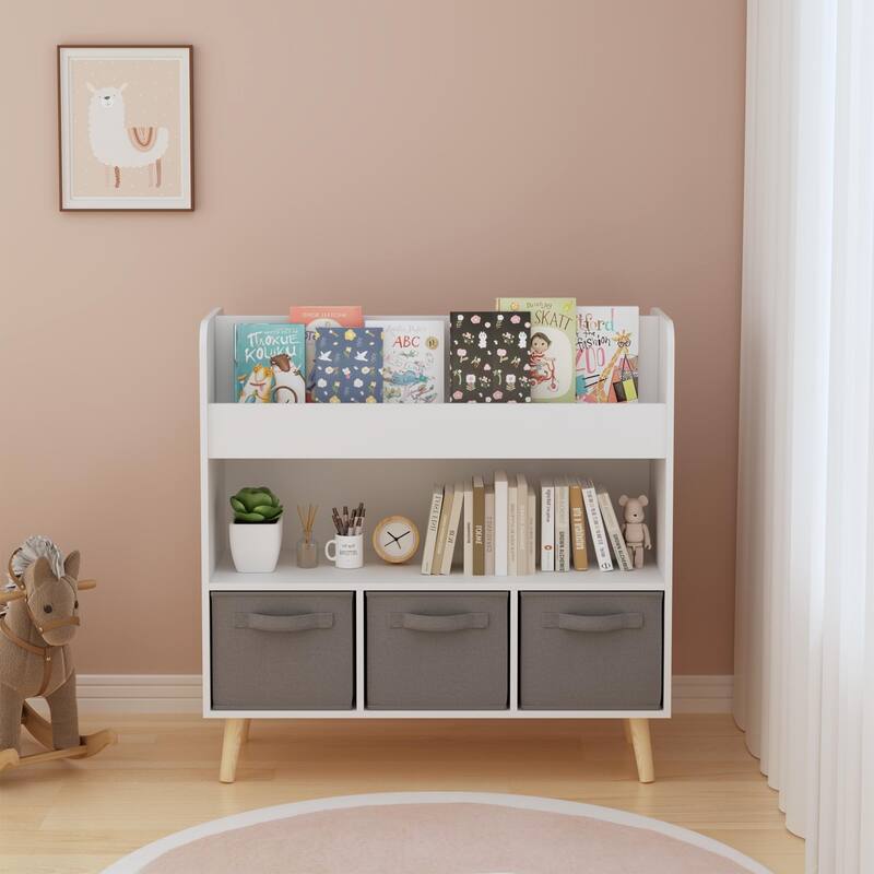 Kids Bookshelf with 3 Fabric Bins, Modern Children's Bookcase with Storage for Toys and Books