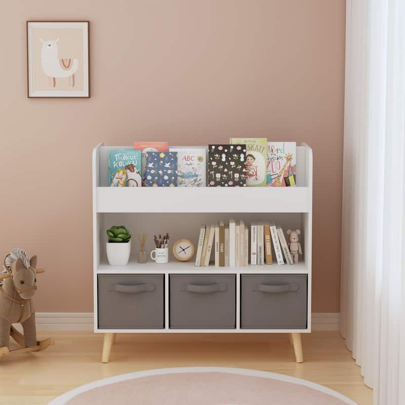 Kids Bookshelf with 3 Fabric Bins