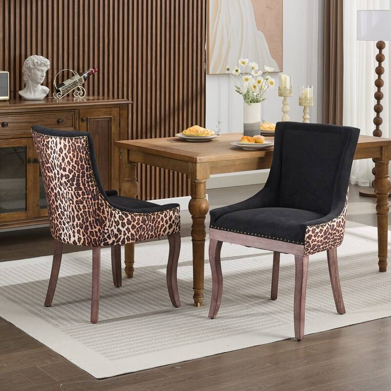 Roomfitters Fabric Dining Chairs Set of 2, Upholstered Side Chairs with Nailhead Trim and Solid Wood Legs - Black + Leopard