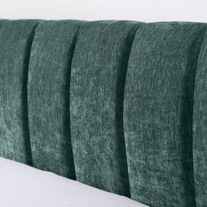 King Upholstered Bed Frame with Storage Drawer, Thick Padded Headboard & Solid Frame in Chenille Fabric