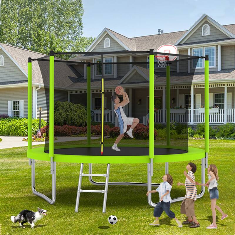 10FT Trampoline for Kids, Basketball Hoop and Ladder, Outdoor Kids Trampoline with Safety Enclosure, Fast Assembly