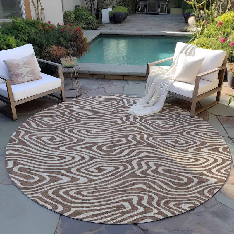 Machine Washable Indoor/ Outdoor Abstract Modern Chantille Rug - Brown - 8' x 8'