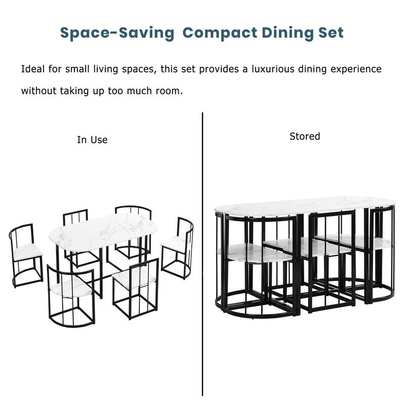 Half Round Dining Room Table with Metal Frame, 7-Piece Elegant Kitchen Dining Table and Chair Set for Apartment
