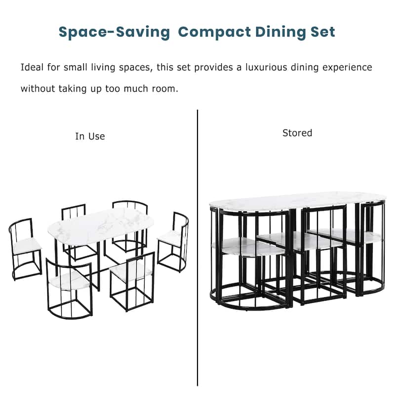 Modern 7-Piece Dining Table Set with Faux Marble Compact, 55 Inch Kitchen Table Set for 6