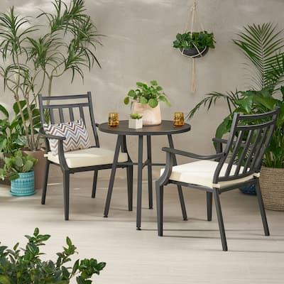 Patio Outdoor Indoor 3-piece Chair Bistro Set, Outdoor Conversation Furniture Set with 2 Iron Chairs and Table Set, Black
