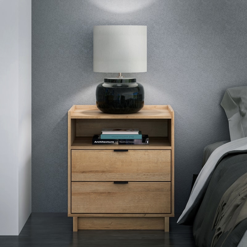 Prepac Simply Modern Nightstand Bedside Table, Natural Oak Nightstand for Bedroom, End Table with 2 Drawers and Open Shelf
