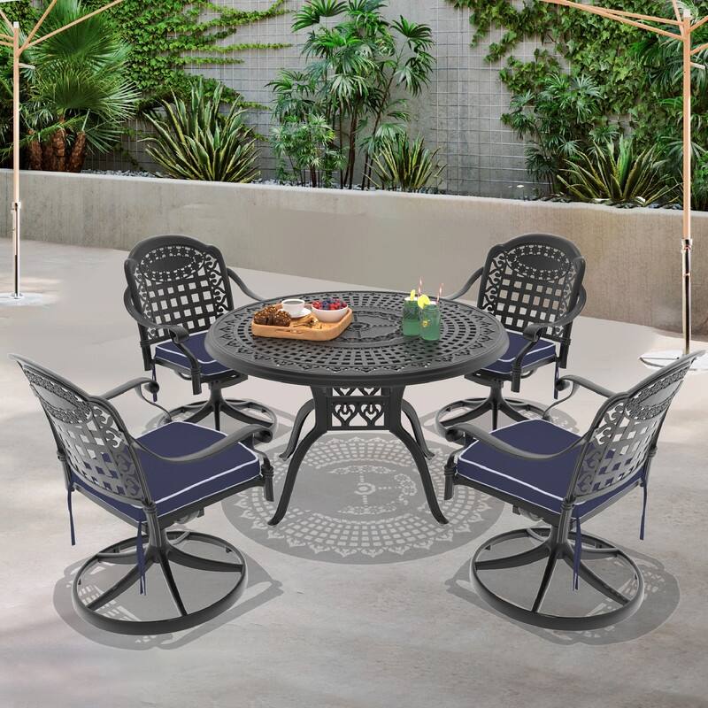 5-Piece Aluminum Round Outdoor Patio Dining Set, 4 Cushioned Swivel Chairs, Table, All-Weather Frames