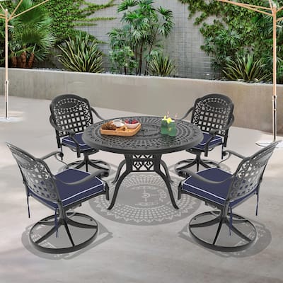 5-Piece Aluminum Round Outdoor Patio Dining Set, 4 Cushioned Swivel Chairs, Table, All-Weather Frames