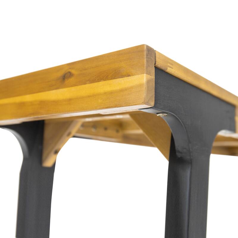 Roomfitters Outdoor Benches Set of 2, Acacia Wood Seats with Black Metal Legs, Patio or Garden Dining Benches