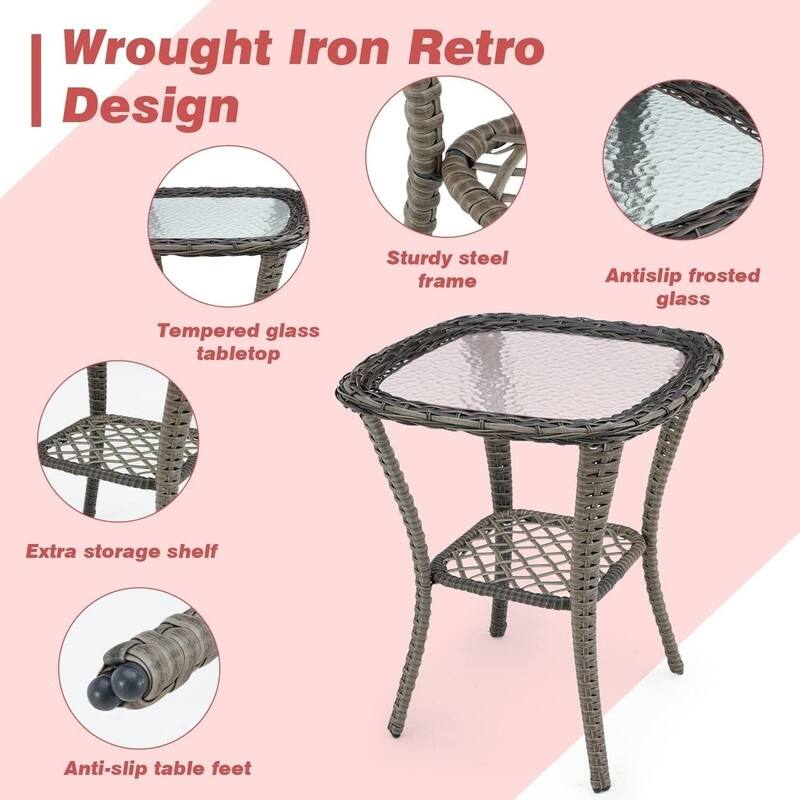 Outdoor Swivel Rocker Bistro Set - 3 Piece Wicker Patio Set with Swivel Rocking Chairs, Cushions, and Tempered Glass Side Table