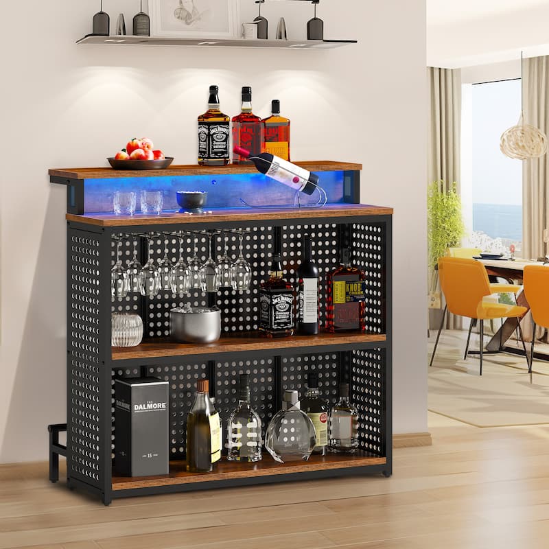 Moasis Liquor Home Bar Unit with 2-Tier Storage And LED Light - Brown