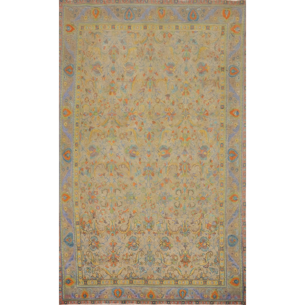 Hand Knotted Oriental 100% Wool Carpet Traditional Floral Brown Tabriz Area Rug - 13' 9'' X 9' 1''