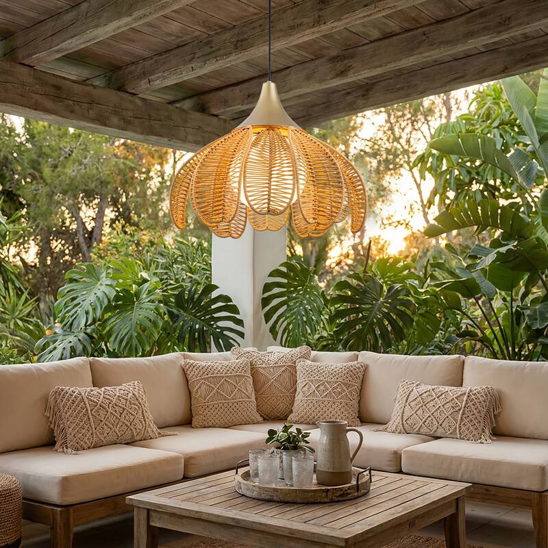 Kamala 1-Light Wicker Outdoor Pendant Light Coastal Boho Style Flower Handwoven