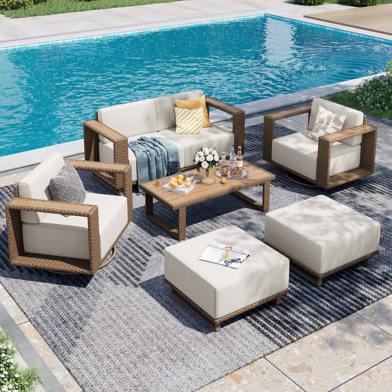 MAISON ARTS Modular Rattan Patio Sofa Set, All-Weather PE Wicker 4/6/8-Seat Sectional, Stationary or Swivel Chairs