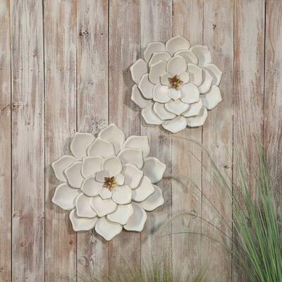 17" Decorative Metal Wall Layered Flower Contemporary Textured White and Gold Wall Art Decorative Floral Home or