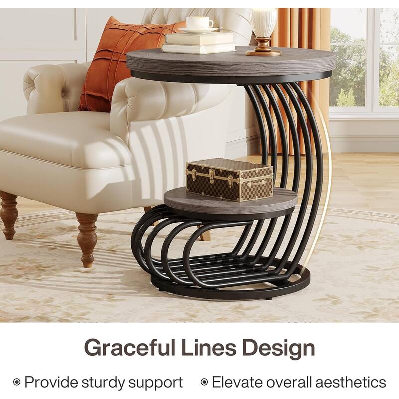 2 Tiers Faux Marble Side Table with Storage Shelf
