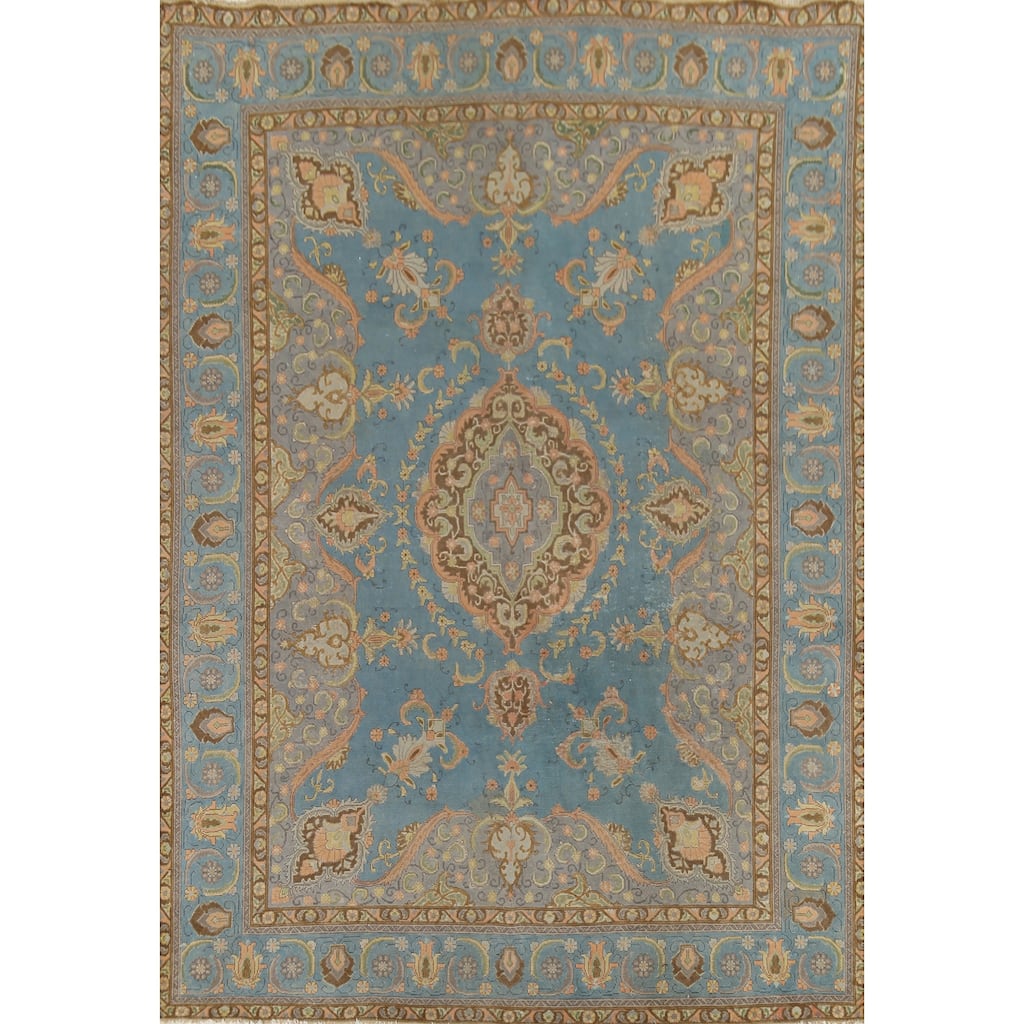 Blue Tabriz Persian Vintage Rug Hand-Knotted Traditional Wool Carpet - 8'6"x 11'10"