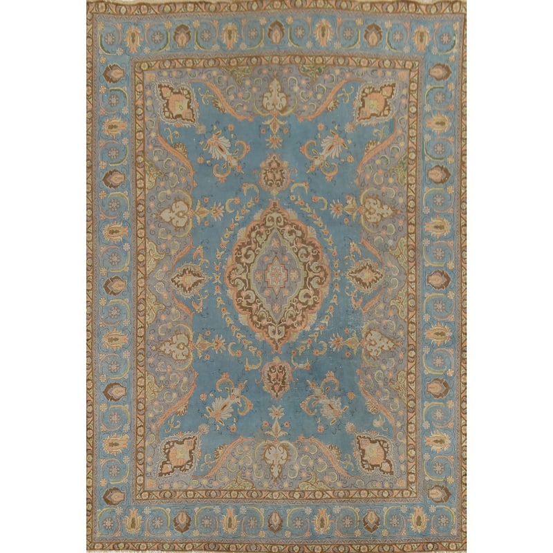 Blue Tabriz Persian Vintage Rug Hand-Knotted Traditional Wool Carpet - 8'6"x 11'10"